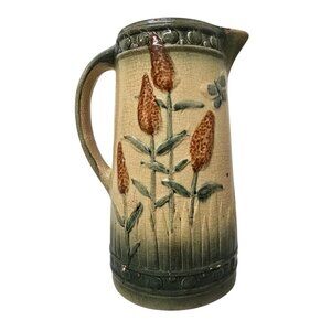 9.5" Vintage Roseville Golden Rod Pitcher Cattails & Butterfly Pottery